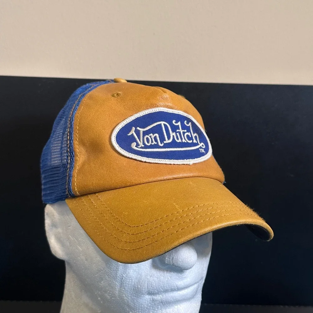Von Dutch Trucker Hat Tan Leather Blue Mesh Snapback Y2K Logo Cap Mens